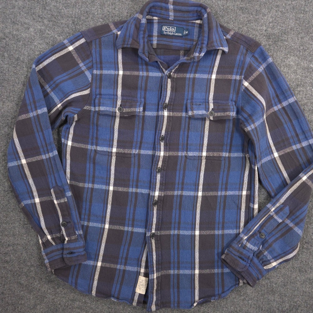 Vintage Polo Ralph Lauren Flannel Work Shirt Mens M Blue Plaid Pencil Pocket 90s